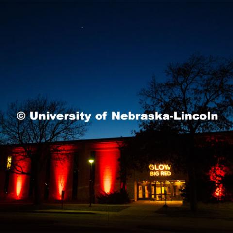The buildings on East Campus are lit up red for Glow Big Red. February 13, 2020. Photo by Gregory Nathan / University Communication.