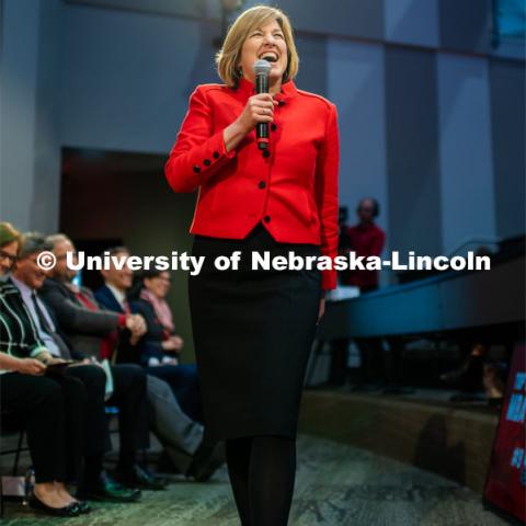 Kathy Farrell, Dean of the College of Business, speaks at The State of Our University Address. The N2025 strategic plan was released by Chancellor Ronnie Green during the State of Our University address. The Address was held at Innovation Campus. February 14, 2020. Photo by Justin Mohling / University Communication.