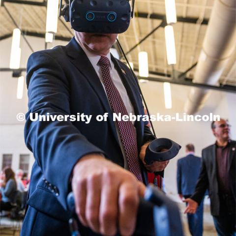 Vice Chancellor, Michael Boehm tries out the virtual reality equipment at the State of our University Address. The N2025 strategic plan was released by Chancellor Ronnie Green during the State of Our University address. The Address was held at Innovation Campus. February 14, 2020. Photo by Justin Mohling / University Communication.