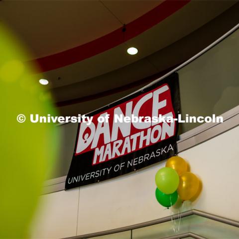 Dance marathon sign and balloons adorn the stairwell in the Nebraska Union. University of Nebraska–Lincoln students exceeded their goal, raising $235,229 during the annual HuskerThon on Feb. 29. Also known as Dance Marathon, the event is part of a nationwide fundraiser supporting Children’s Miracle Network Hospitals. The annual event, which launched in 2006, is the largest student philanthropic event on campus. The mission of the event encourages participants to, “dance for those who can’t.” All funds collected by the Huskers benefit the Children’s Hospital and Medical Center in Omaha. February 29, 2020. Photo by Justin Mohling / University Communication.