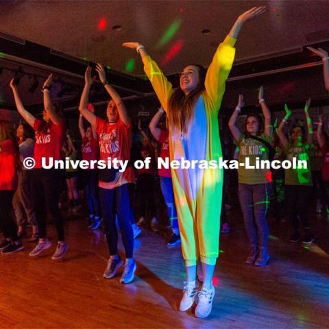 Students doing morale dance for the dance marathon. University of Nebraska–Lincoln students exceeded their goal, raising $235,229 during the annual HuskerThon on Feb. 29. Also known as Dance Marathon, the event is part of a nationwide fundraiser supporting Children’s Miracle Network Hospitals. The annual event, which launched in 2006, is the largest student philanthropic event on campus. The mission of the event encourages participants to, “dance for those who can’t.” All funds collected by the Huskers benefit the Children’s Hospital and Medical Center in Omaha. February 29, 2020. Photo by Justin Mohling / University Communication.