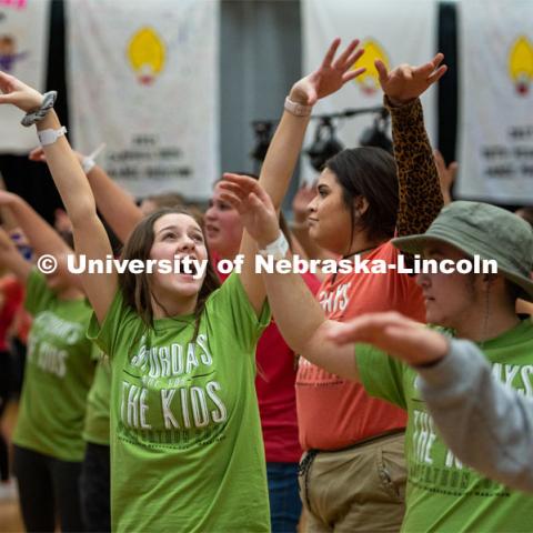 Students doing the morale dance. University of Nebraska–Lincoln students exceeded their goal, raising $235,229 during the annual HuskerThon on Feb. 29. Also known as Dance Marathon, the event is part of a nationwide fundraiser supporting Children’s Miracle Network Hospitals. The annual event, which launched in 2006, is the largest student philanthropic event on campus. The mission of the event encourages participants to, “dance for those who can’t.” All funds collected by the Huskers benefit the Children’s Hospital and Medical Center in Omaha. February 29, 2020. Photo by Justin Mohling / University Communication.