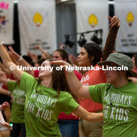 Students doing the morale dance. University of Nebraska–Lincoln students exceeded their goal, raising $235,229 during the annual HuskerThon on Feb. 29. Also known as Dance Marathon, the event is part of a nationwide fundraiser supporting Children’s Miracle Network Hospitals. The annual event, which launched in 2006, is the largest student philanthropic event on campus. The mission of the event encourages participants to, “dance for those who can’t.” All funds collected by the Huskers benefit the Children’s Hospital and Medical Center in Omaha. February 29, 2020. Photo by Justin Mohling / University Communication.