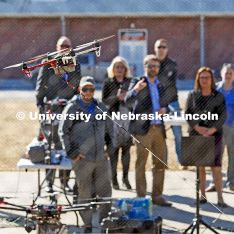 A tethered drone is demonstrated for Senator Deb Fischer Friday afternoon. The drone is tethered so it can remain aloft for long periods of time and transfer large amounts of data to the base station. March 6, 2020. Photo by Craig Chandler / University Communication.