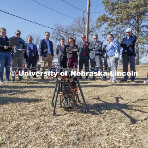 Senator Deb Fischer watches a demonstration of the NIMBUS Lab's drilling drone as part of her tour at UNL Friday afternoon. The drone is being designed to implant remote sensors. March 6, 2020. Photo by Craig Chandler / University Communication.