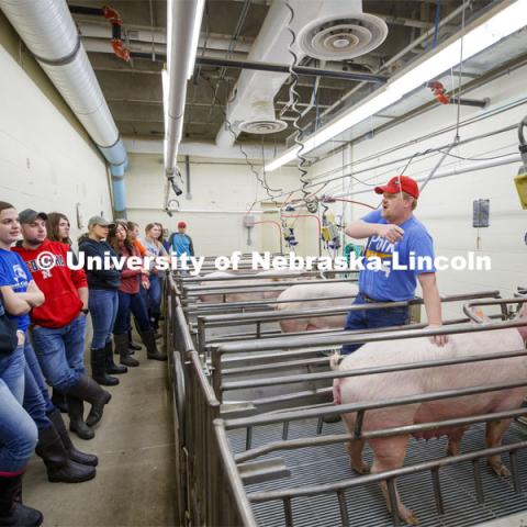 Benny Mote, assistant professor in Animal Science, lectures on artificial insemination to students in ASCI 150 - Animal Production Skills. March 12, 2020. Photo by Craig Chandler / University Communication.
