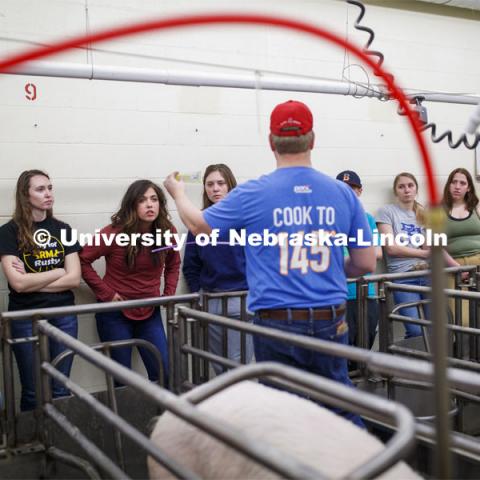 Benny Mote, assistant professor in Animal Science, lectures on artificial insemination to students in ASCI 150 - Animal Production Skills. March 12, 2020. Photo by Craig Chandler / University Communication.