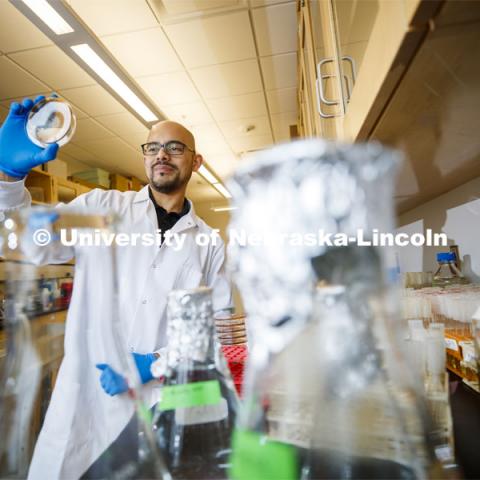 Byron Chaves, Assistant Professor of Food Science and Technology, in his Food Innovation Center lab. March 16, 2020. Photo by Craig Chandler / University Communication.