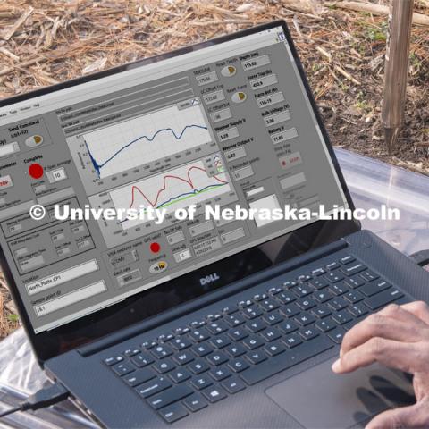 A readout of spectral signatures produced by the team's prototype, which collects the visible and near-infrared wavelengths that bounce back from soils. The graphical user interface of the LabVIEW program showing data collection from the VisNIR multi-sensing penetrometer system. March 18, 2020. Photo by Gregory Nathan / University Communication.
