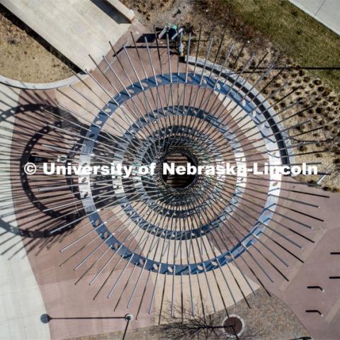 High angle view of the Harvest sculpture in front of the Pinnacle Bank Arena in Haymarket. The sculpture looks like a sheaf of wheat which symbolizes the bounty of the region. March 21, 2020. Photo by Craig Chandler / University Communication.