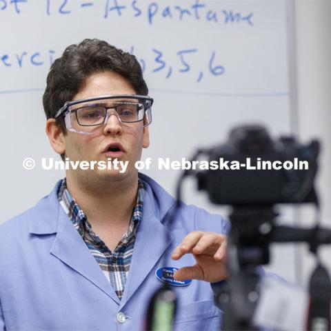 Saman Bagheri records an Organic Chemistry Lab. As a result of the Corona virus, Faculty are recording Chemistry labs in Hamilton Hall to prepare for the start of remote learning. March 24, 2020. Photo by Craig Chandler / University Communication.