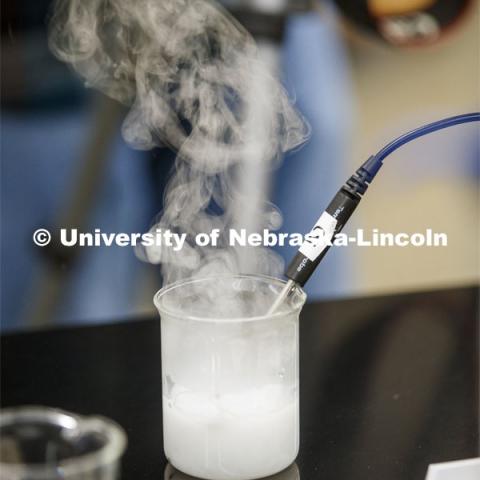 Calcium in water lets off steam as it heats the water as part of the lab. As a result of the Corona virus, Faculty are recording Chemistry labs in Hamilton Hall to prepare for the start of remote learning. March 24, 2020. Photo by Craig Chandler / University Communication.