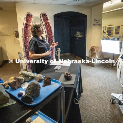 Annie Mumgaard, Virtual Learning Coordinator for the University Museum, gives a virtual tour to more than 120 young students. She discussed the various types of rocks. April 14, 2020. Photo by Craig Chandler / University Communication.