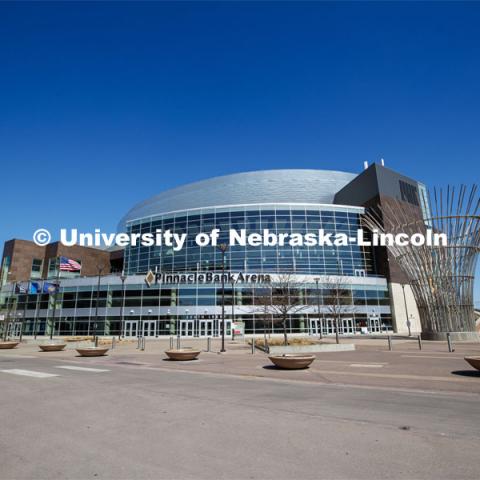 Exterior views of Pinnacle Bank Arena located in the Haymarket of downtown Lincoln, Nebraska. April 20, 2020. Photo by Craig Chandler / University Communication.