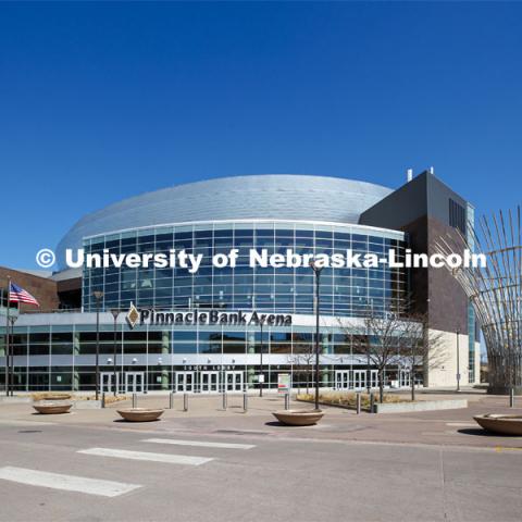 Exterior views of Pinnacle Bank Arena located in the Haymarket of downtown Lincoln, Nebraska. April 20, 2020. Photo by Craig Chandler / University Communication.