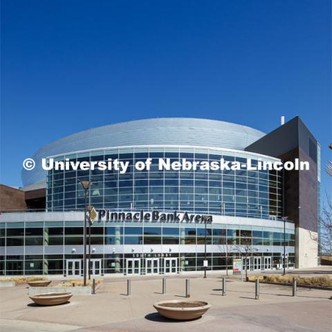 Exterior views of Pinnacle Bank Arena located in the Haymarket of downtown Lincoln, Nebraska. April 20, 2020. Photo by Craig Chandler / University Communication.