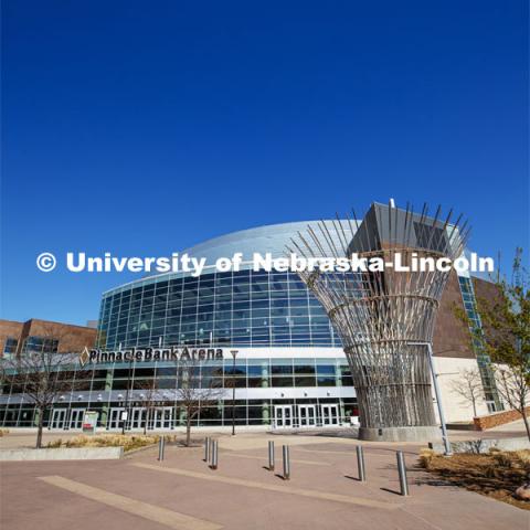 Exterior views of Pinnacle Bank Arena located in the Haymarket of downtown Lincoln, Nebraska. April 20, 2020. Photo by Craig Chandler / University Communication.