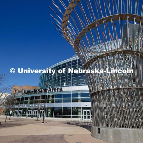 Exterior views of Pinnacle Bank Arena located in the Haymarket of downtown Lincoln, Nebraska. April 20, 2020. Photo by Craig Chandler / University Communication.