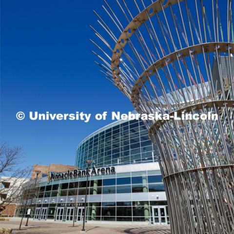 Exterior views of Pinnacle Bank Arena located in the Haymarket of downtown Lincoln, Nebraska. April 20, 2020. Photo by Craig Chandler / University Communication.