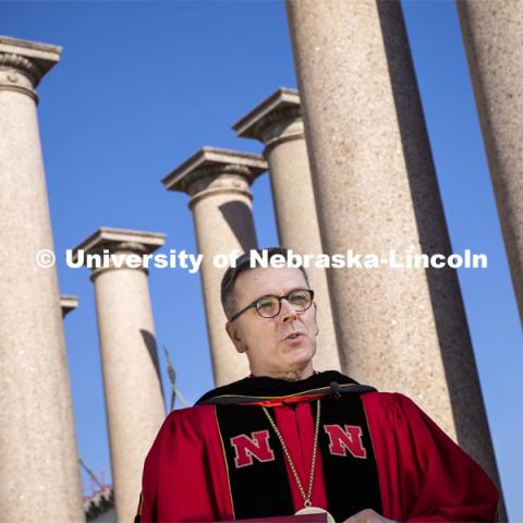 Chancellor Ronnie Green delivers his virtual commencement remarks front of the columns at the production of the commencement show in. April 25, 2020. Photo by Craig Chandler / University Communication.