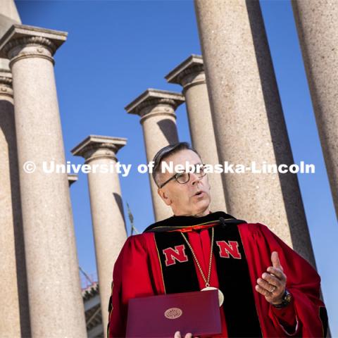 Chancellor Ronnie Green delivers his virtual commencement remarks front of the columns at the production of the commencement show in. April 25, 2020. Photo by Craig Chandler / University Communication.