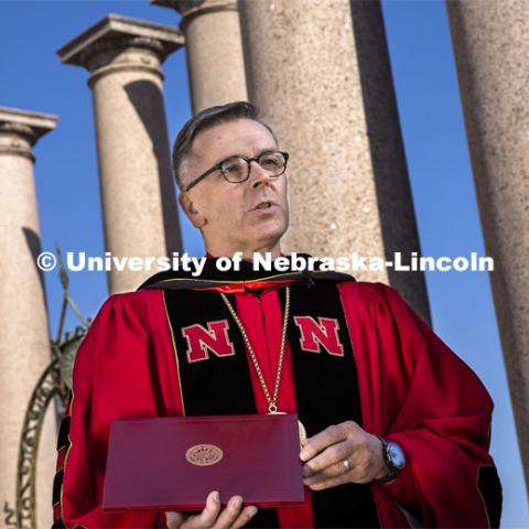 Chancellor Ronnie Green delivers his virtual commencement remarks front of the columns at the production of the commencement show in. April 25, 2020. Photo by Craig Chandler / University Communication.