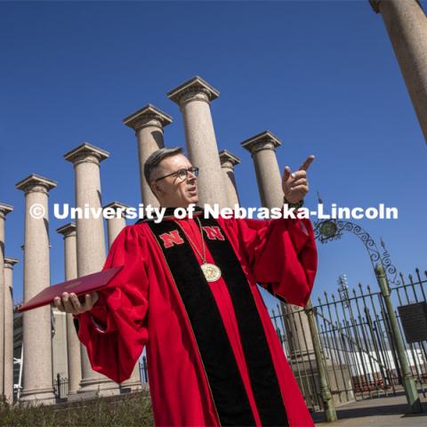 Chancellor Ronnie Green delivers his virtual commencement remarks front of the columns at the production of the commencement show in. April 25, 2020. Photo by Craig Chandler / University Communication.