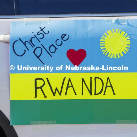 Christ Place Church families gave the Rwandan students a vehicle parade to help celebrate the graduates and undergraduates. The church has been host families for about 25 of the 50 Rwandan students who are graduating. They also provided fall and spring event off-campus marking the beginning and ending of each school year along with rides from campus to church and back each Sunday. The group of host families had been planning a graduation party for the students until COVID-19 occurred. Because of COVID-19, the group has planned for a socially distanced “parade” of host family vehicles that circled University Suites on R Street. May 8, 2020. Photo by Craig Chandler / University Communication.