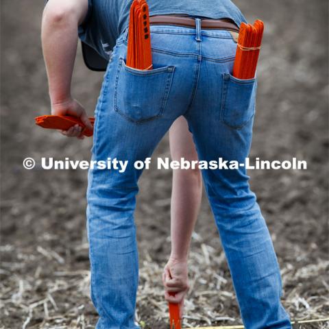 Nate Pester marks the rows. James Schnable's group hand plants corn and sorghum seeds at the East Campus ag fields. May 20, 2020. Photo by Craig Chandler / University Communication.