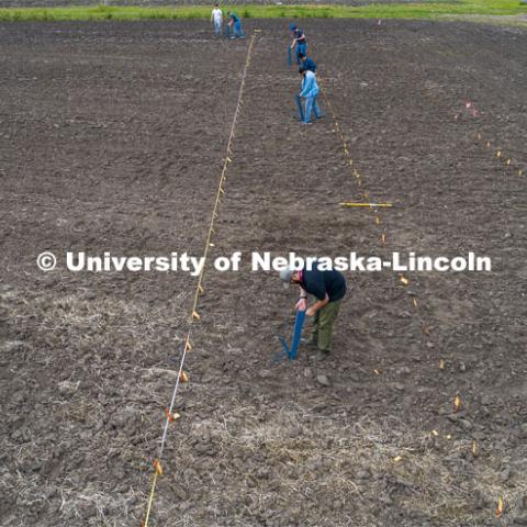 James Schnable's group hand plants corn and sorghum seeds at the East Campus ag fields. May 20, 2020. Photo by Craig Chandler / University Communication.