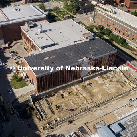 Work continues on the $75 million phase one renovation and expansion of the University of Nebraska–Lincoln’s College of Engineering. The project will create and update spaces in the Scott Engineering Center and the Link, a 34-year-old structure that connected the Scott building to Nebraska Hall. When complete, the updated facilities will benefit students, faculty and research. May 29, 2020. Photo by Craig Chandler / University Communication.