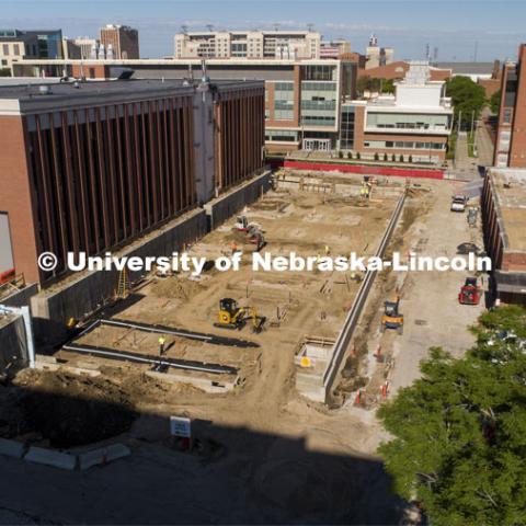 Work continues on the $75 million phase one renovation and expansion of the University of Nebraska–Lincoln’s College of Engineering. The project will create and update spaces in the Scott Engineering Center and the Link, a 34-year-old structure that connected the Scott building to Nebraska Hall. When complete, the updated facilities will benefit students, faculty and research. May 29, 2020. Photo by Craig Chandler / University Communication.