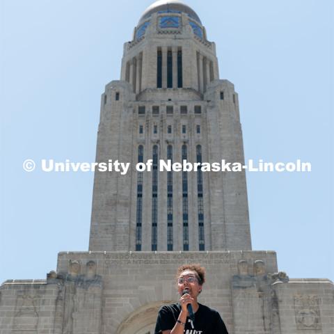 Marshawna Kapke recites a poem to the crowd of protestors outside the Nebraska State Capitol on Saturday, June 13th, 2020, in Lincoln, Nebraska. Black Lives Matter Protest. Photo by Jordan Opp for University Communication.