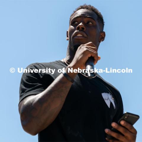 Former Nebraska football safety Kieron Williams delivers a speech to the crowd outside of the Nebraska State Capitol on Saturday, June 13th, 2020, in Lincoln, Nebraska. Black Lives Matter Protest. Photo by Jordan Opp for University Communication.