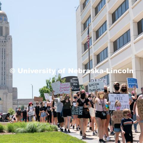 Protestors march up Centennial Mall toward Andersen Hall on Saturday, June 13th, 2020, in Lincoln, Nebraska. Black Lives Matter Protest. Photo by Jordan Opp for University Communication.