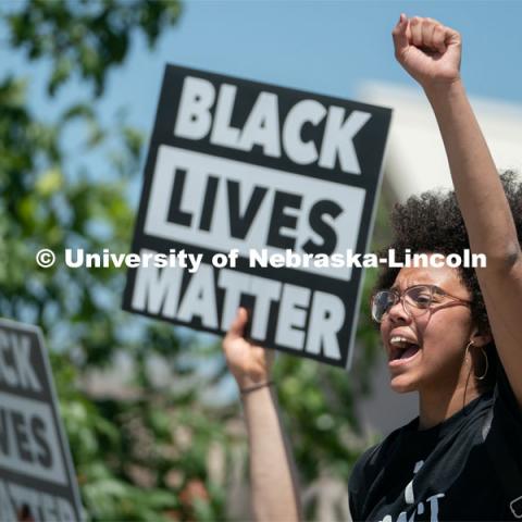 Marshawna Kapke leads protestors in a chant during their march from the Nebraska Union to the Nebraska State Capitol on Saturday, June 13th, 2020, in Lincoln, Nebraska. Black Lives Matter Protest. Photo by Jordan Opp for University Communication.