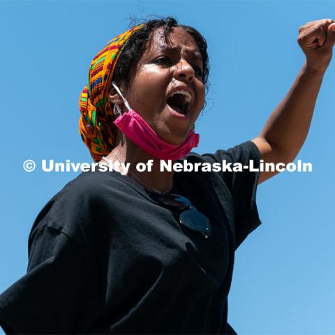 Batool Ibrahim finishes her speech to the protestors outside of Andersen Hall on Saturday, June 13th, 2020, in Lincoln, Nebraska. Black Lives Matter Protest. Photo by Jordan Opp for University Communication.



