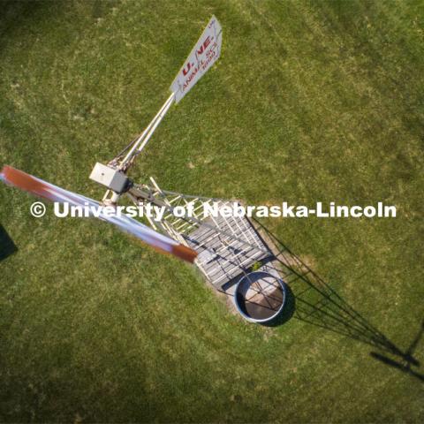 High angle view of the windmill on east campus behind the Animal Science building. June 15, 2020. Photo by Craig Chandler / University Communication.