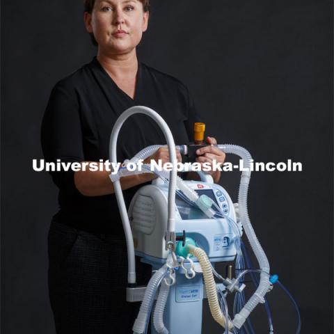 Keely Buesing, a trauma critical care surgeon at the University of Nebraska Medical Center, used her expertise to help develop therapies and devices to treat ARDS, she helped to develop a strategy for stacking two patients on the same ventilator. June 19, 2020. Photo by Craig Chandler / University Communication.