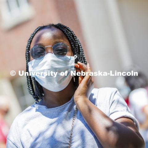 Shemsa Ndahiro wears a mask. Photo shoot of students wearing masks and practicing social distancing. June 24, 2020. Photo by Craig Chandler / University Communication.