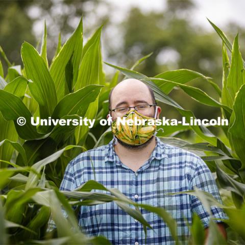James Schnable corn mask is inspired by his surroundings at the Agriculture fields at 84th and Havelock. June 30, 2020. Photo by Craig Chandler / University Communication.