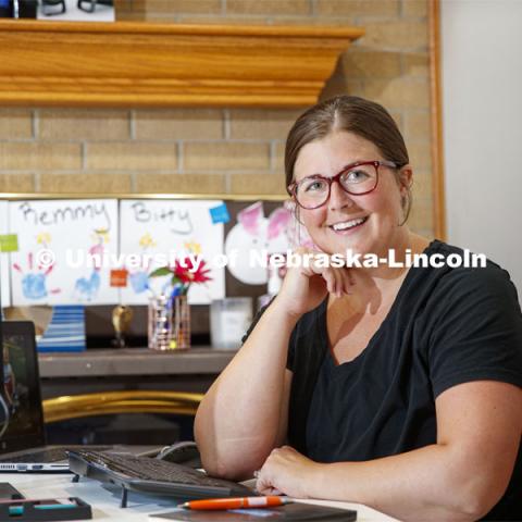 Kaitlin Ferris, New Student Enrollment and Academic Services and Enrollment Management advisor working out of her home. July 7, 2020. Photo by Craig Chandler / University Communication.