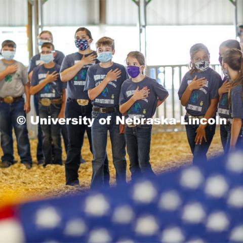 Participants in the sheep show at the Platte County Fair in Columbus, NE, pledge allegiance to the flag before the start of the show. The fair changed this year because of COVOD-19. Each livestock/animal show is a “show and go” format where 4-H'ers don't stay in the livestock barns as is tradition but transport their animals on the day of the show and work out their livestock trailers. Participants must wear a mask in the show ring. July 10, 2020. Photo by Craig Chandler / University Communication.