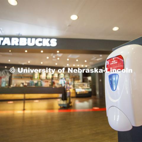 Hand Sanitizer stations are available throughout the Nebraska Union. July 13, 2020. Photo by Craig Chandler / University Communication.