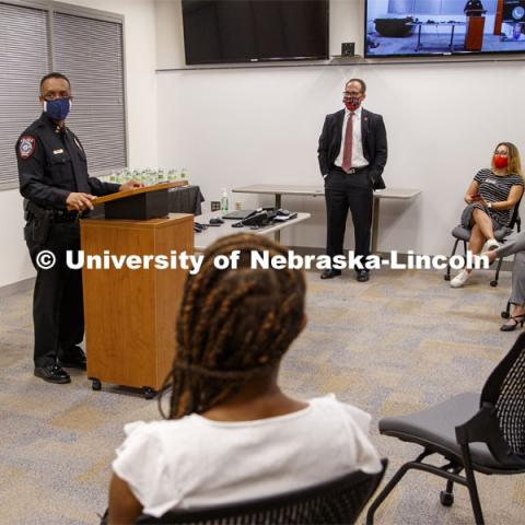 New University of Nebraska-Lincoln Police Department Chief Hassan Ramzah gives his remarks to a socially distanced crowd during the virtual badge ceremony from the police station. July 17, 2020. Photo by Craig Chandler / University Communication.