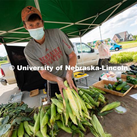 Vendors selling their produce at the Fallbrook Farmers Market in northwest Lincoln, Nebraska. July 23, 2020. Photo by Gregory Nathan / University Communication.