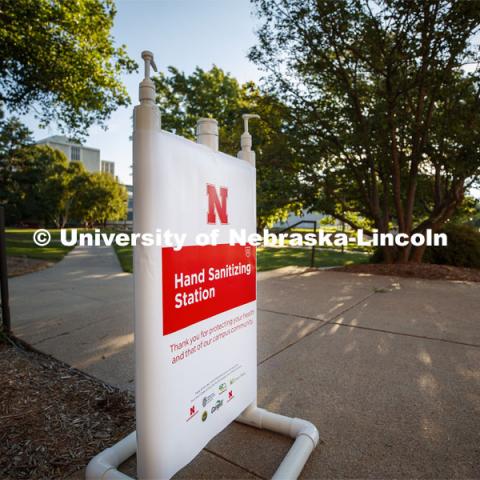 Hand sanitizer station outside Westbrook Music Building. It is one of the more than 1,500 new hand sanitizer stations being distributed around the three UNL campuses. July 28, 2020. Photo by Craig Chandler / University Communication.