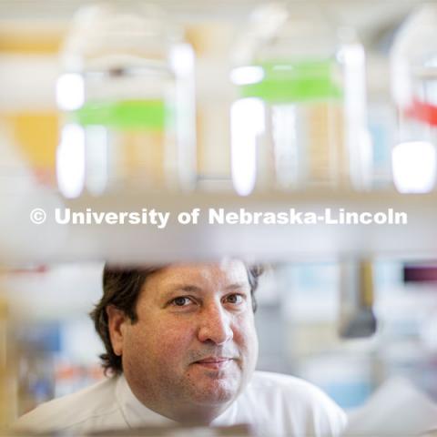 Eric Weaver, an associate professor of biological sciences at the University of Nebraska–Lincoln has received a five-year, $3.2 million grant from the National Institutes of Health’s National Institute of Allergy and Infectious Diseases to interrogate the tobacco mosaic virus as a possible catalyst for developing a universal flu vaccine. July 29, 2020. Photo by Craig Chandler / University Communication.