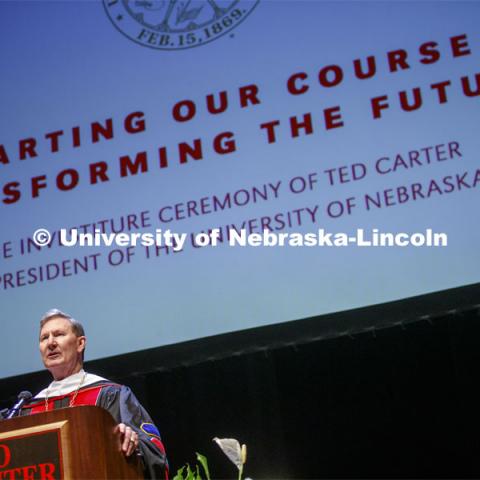 NU President Ted Carter gives his remarks at his investiture ceremony. Nebraska University President Ted Carter investiture ceremony. August 14, 2020. Photo by Craig Chandler / University Communication.