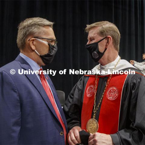 UNL Chancellor Ronnie Green and NU President Ted Carter talk following the investiture ceremony. Nebraska University President Ted Carter investiture ceremony. August 14, 2020. Photo by Craig Chandler / University Communication.